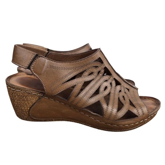 Karyoka Brown Leather Cutout Wedge Sandals Sz 38 US 7.5 - 8 Boho Beach - Picture 5 of 15